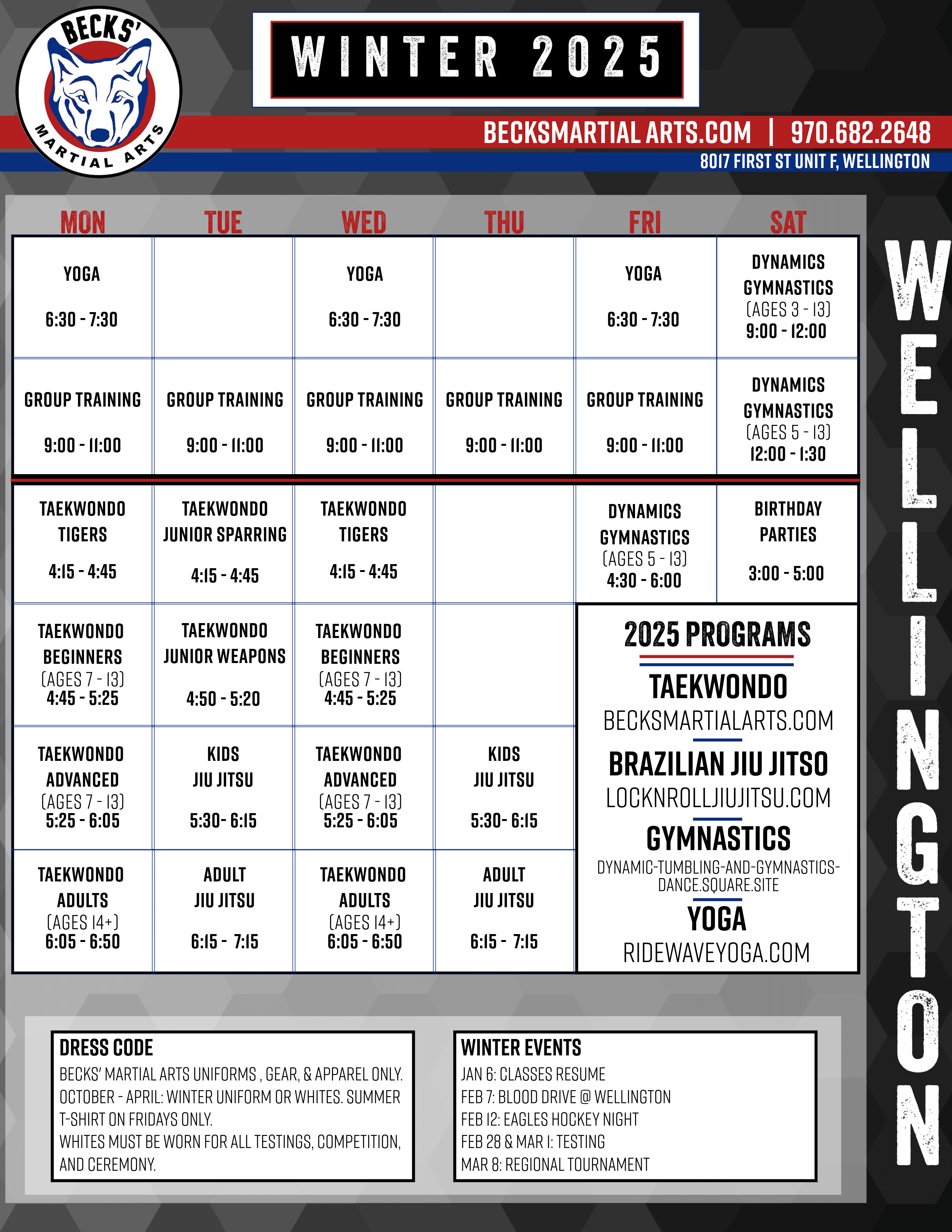 Becks' Martial Arts schedule for Wellington Winter 2025, including taekwondo, yoga, jiu jitsu, and gymnastics classes